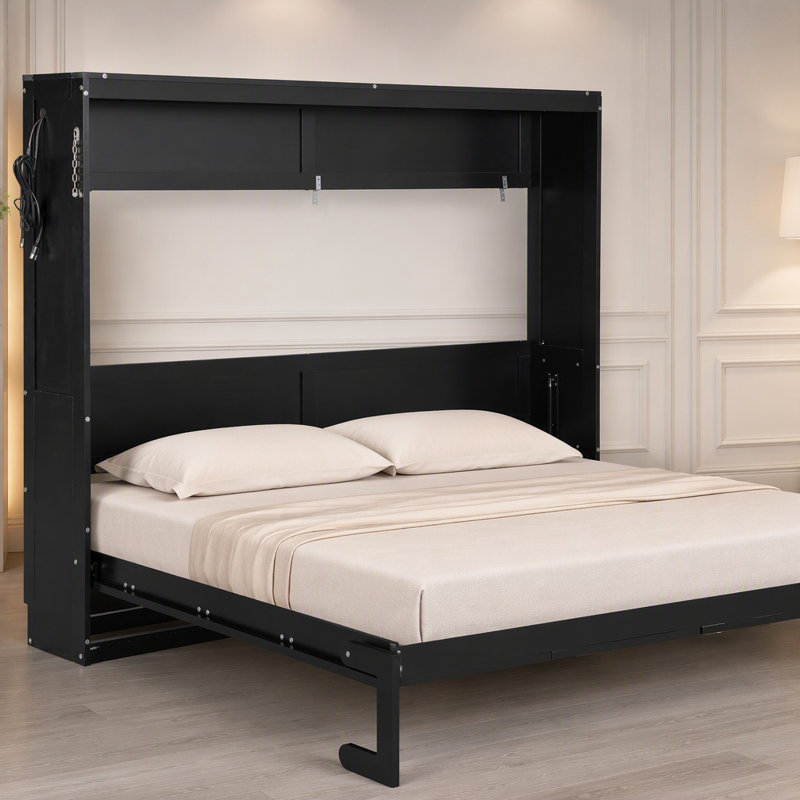 Lit escamotable moderne avec éclairage DEL sous le lit, prise USB intégrée, Queen, Noir