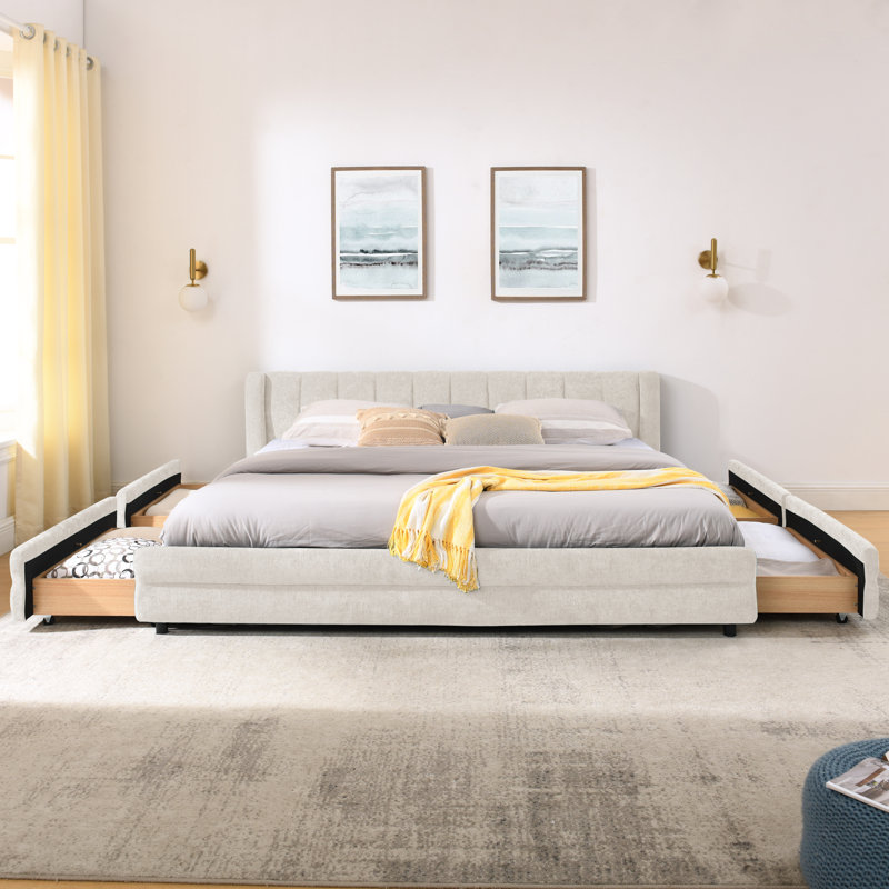 Lits modernes peu encombrants, tissu en chenille rembourré, très grand avec rangement