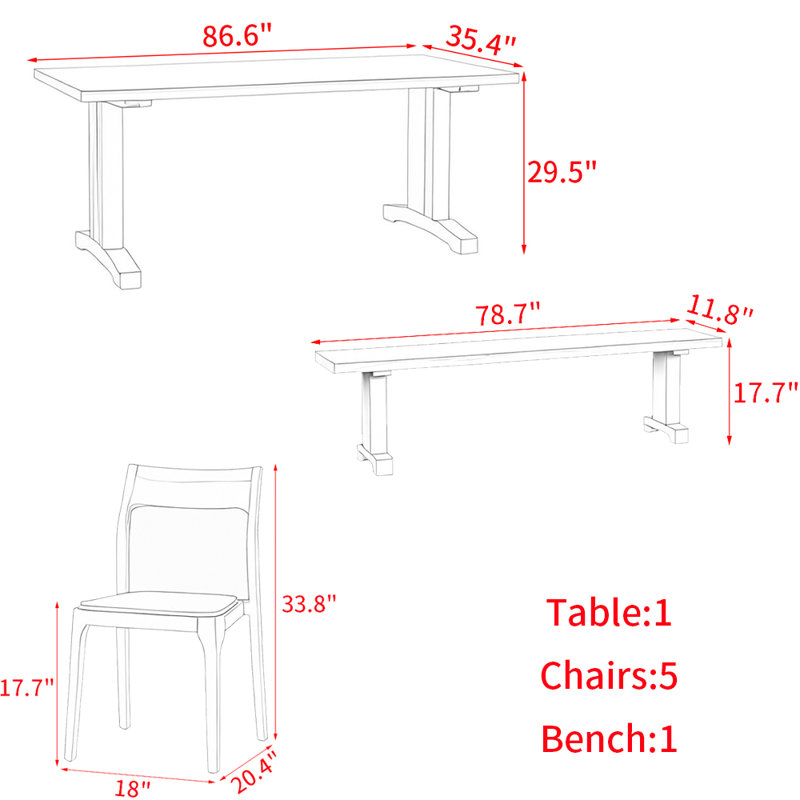 Modern simple rectangular solid wood table set, 29.5"H x 86.6"L x 35.4"W, 7