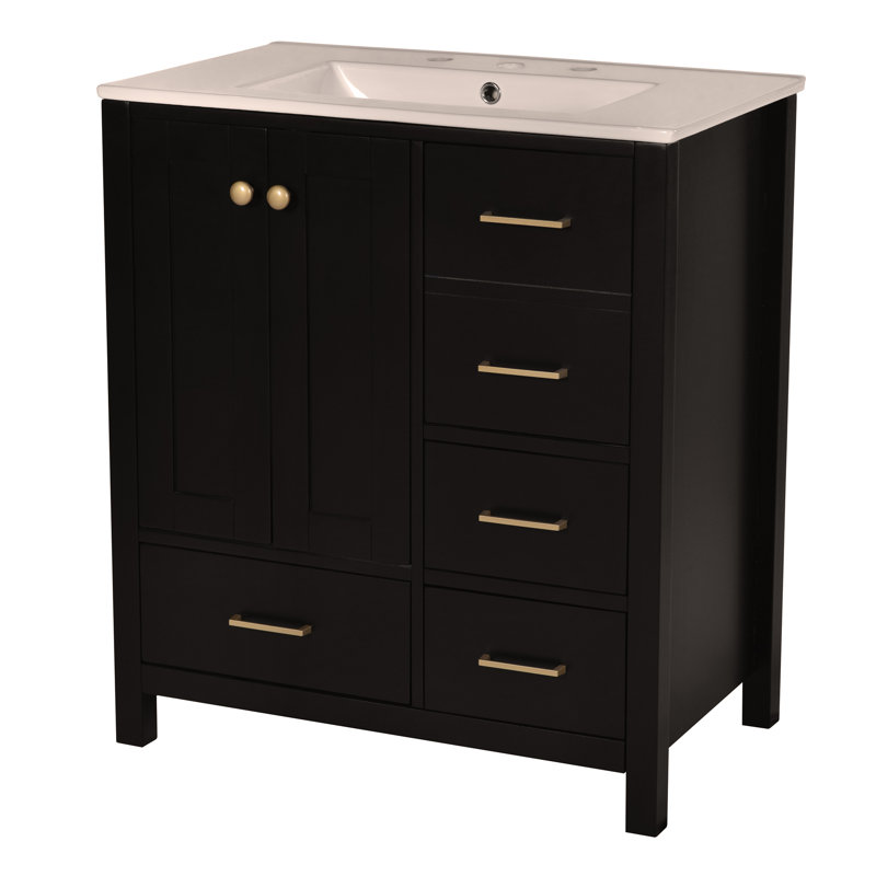 Ensemble de meuble-lavabo autoportant 30 po avec lavabo en céramique, cadre en bois massif, 4 tiroirs et portes à fermeture douce
