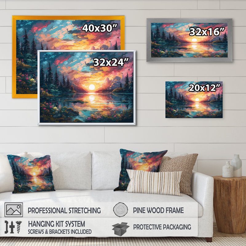 «Ruvi Rainbow Sky Shining On Lake IV», reproduction sur toile, H 30 po x l 40 po x P 1,5 po, Cadre flottant noir
