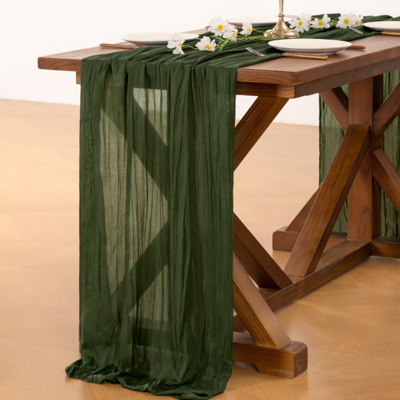 Chemin de table en gaze de style champêtre, vert olive, 3 pièces, 3 m (10 pi), style bohème, idéal pour mariage, anniversaire ou décoration intérieure | Parfait pour une fête prénatale, un enterrement de vie de jeune fille ou toute autre fête.