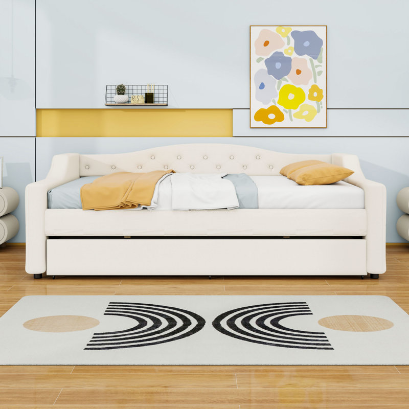 Full XL Upholstered Daybed with Trundle and LED and Sturdy Frame, Beige
