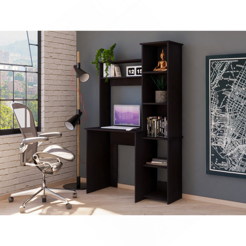 Bureau, cinq tablettes, deux tablettes supérieures, noir