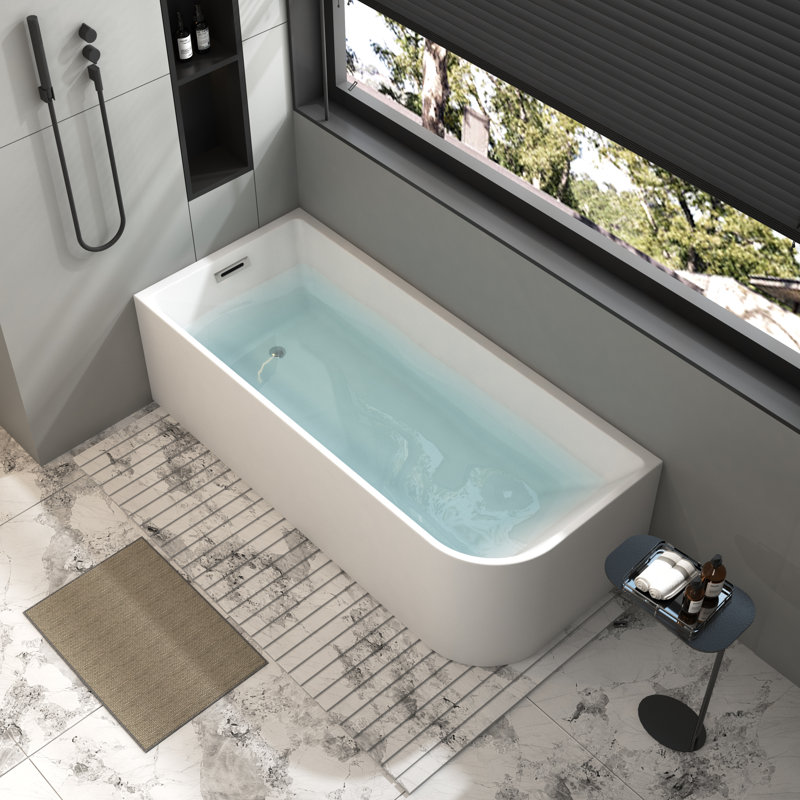 59'' Left Drain Soaking Tub Acrylic Corner Bathtub with Overflow & Pop-up Drain