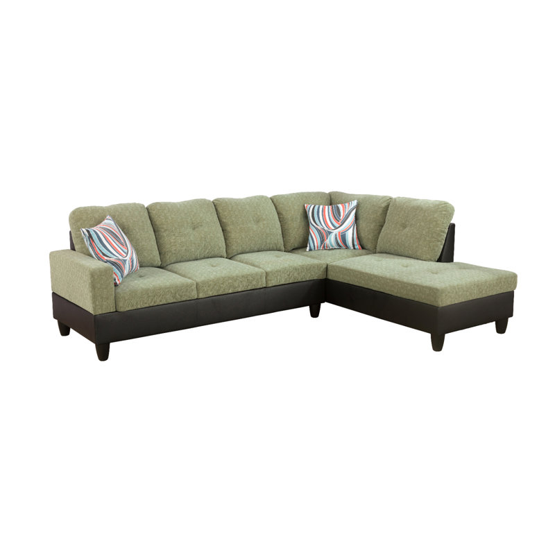 Lemley Upholstered L-Shaped Sectional, Right Hand Facing, Green Microfiber/Microsuede/Faux Leather