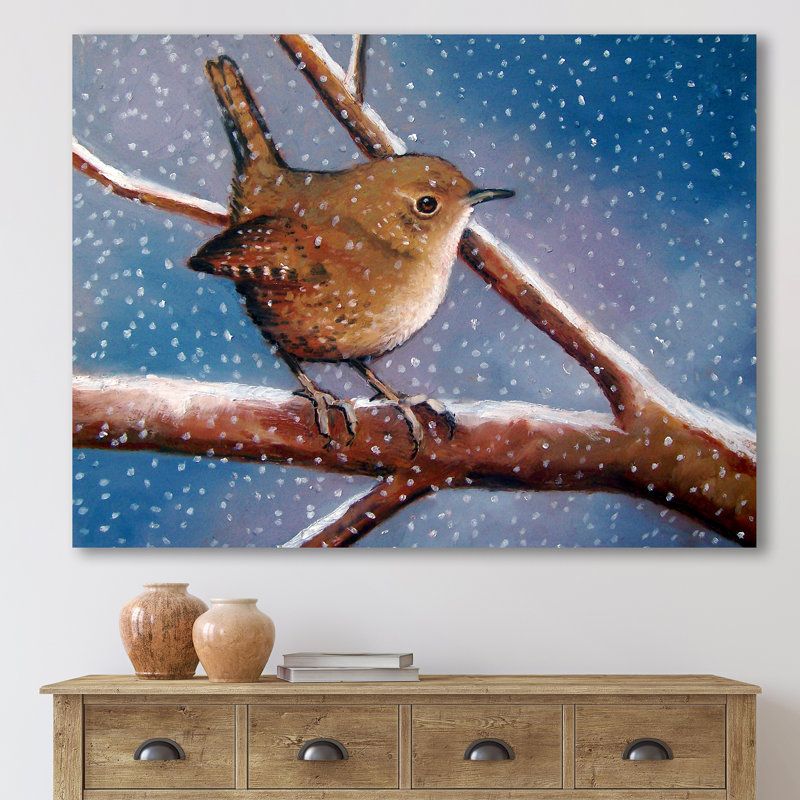 Wren en hiver - Peinture sur toile, Toile tendue, H 16 po x l 32 po x p 1 po