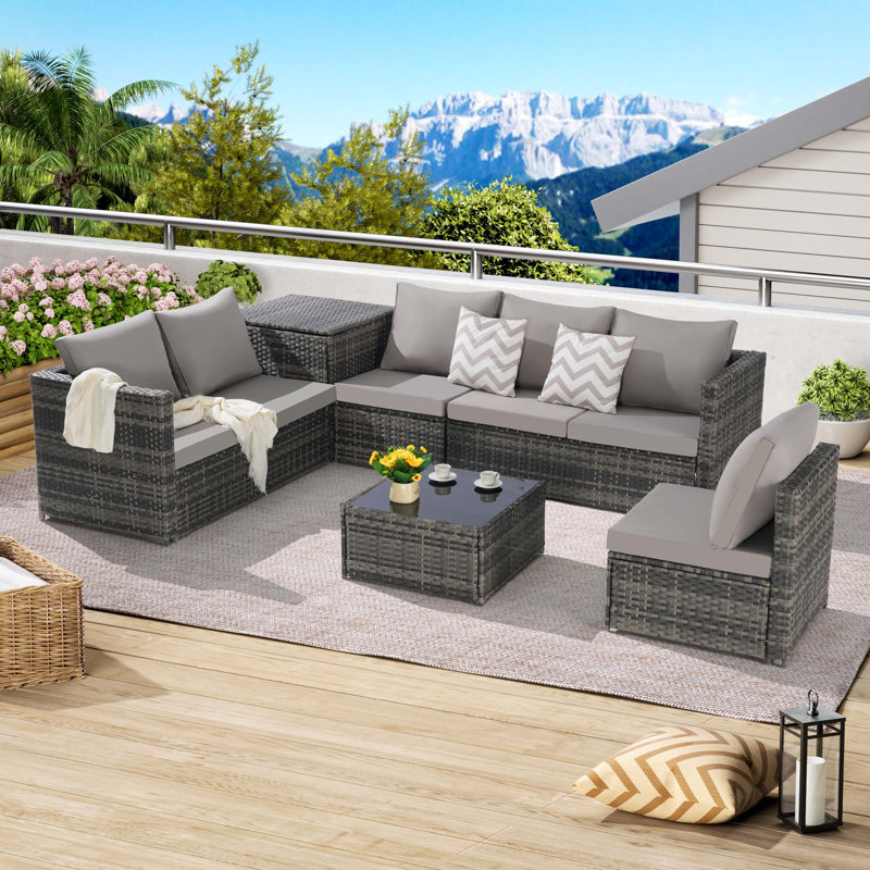 Ensemble de mobilier de patio 6 pièces, ensemble modulaire en L tissé pour l'extérieur, ensemble de conversation en osier avec table d'angle et table en verre pour la piscine