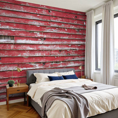 Peel and Stick Wallpaper 144" W x 100" H Modern Self Adhesive Wall Mural for Bedroom Red Wood Barn Countryside Rural Building
