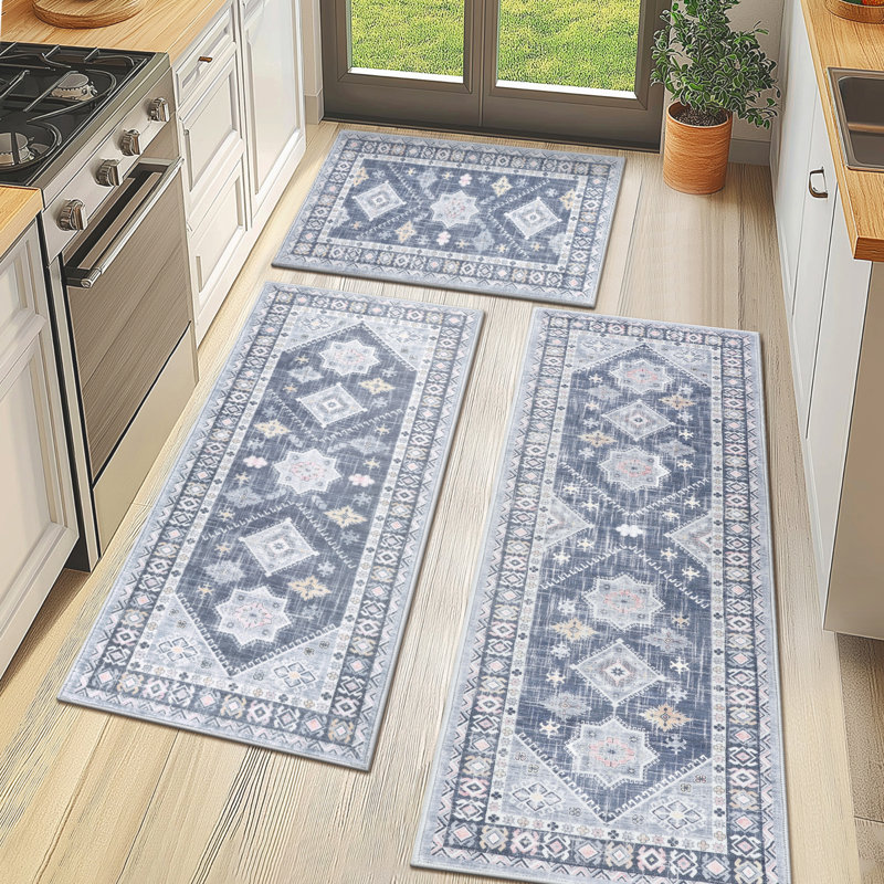 Machine Washable Non-Slip Kitchen Mat (Set of 3), Blue/Gray