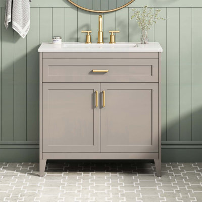 30-Inch Bathroom Vanity with Ceramic Sink, Solid Wood Legs, Soft-Close Doors, and Ample Storage, Beige