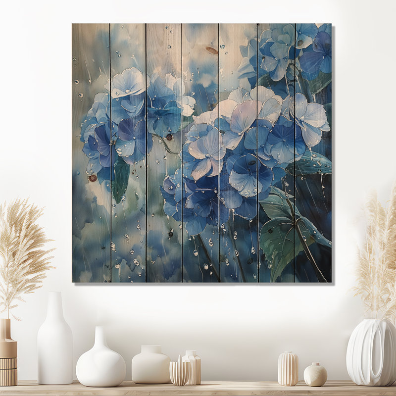 Hortensias sous la pluie printanière II - impression d'hortensias sur bois de pin naturel, H 36 po x l 36 po x P 0,78 po