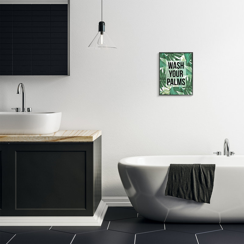 «Wash Your Palms Bathroom», feuilles de plantes vertes, H 14 po x l 11 po, Cadre noir