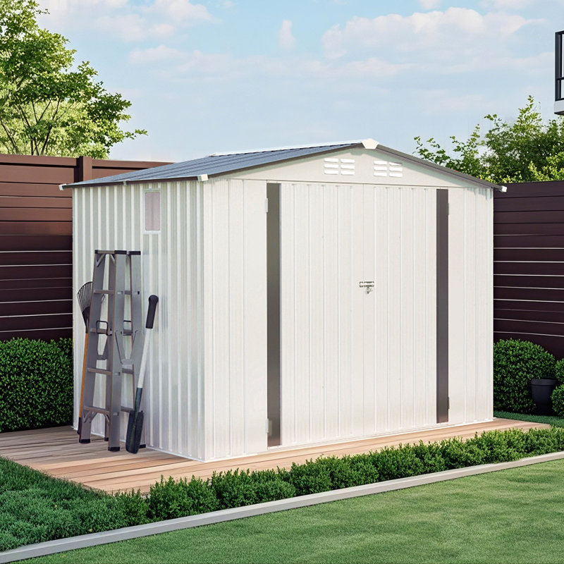 8X6 Ft Metal Outdoor Storage Shed, Tool Shed With Pitched Roof Waterproof With Side Window And Lockable Door, Metal Tool Shed For Garden Tool Storage, Everyday Sundries And Bike Storage, White + Gray