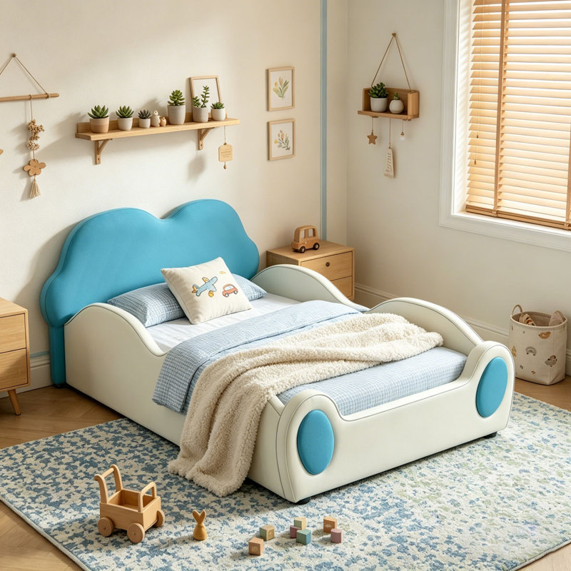 Mignon lit pour enfants en cuir de polyuréthane avec garde-corps et lit de sécurité pour tout-petits, Beige,Blue