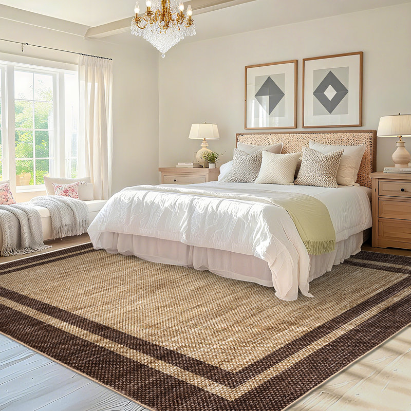 Modern Bordered Area Rug Washable Rug for Living Room, Neutral Minimalist Carpet, Soft Thin Low Pile Non Shedding Floor Covering, Indoor Foldable Non Slip Mat for Bedroom