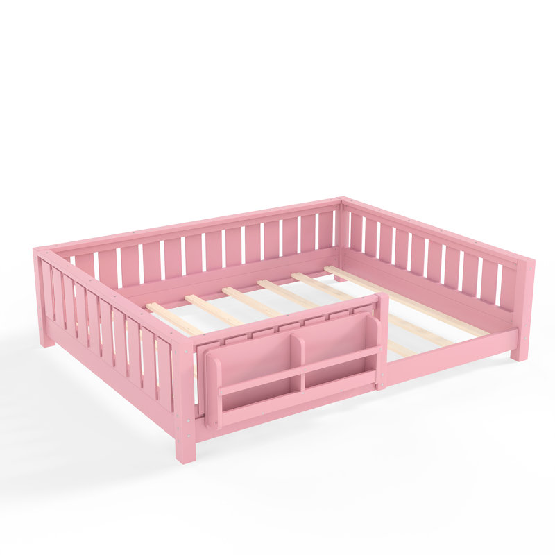 Twin Kids Floor Bed with Built-in Bookshelf, Safety Guardrails, Solid Pine Wood Frame, Pink Montessori Low Profile Bed,Pink