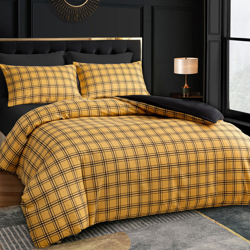 Luxury Double Brushed Microfiber Reversible Duvet Cover Set with Zipper Closure and Corner Ties, Yellow