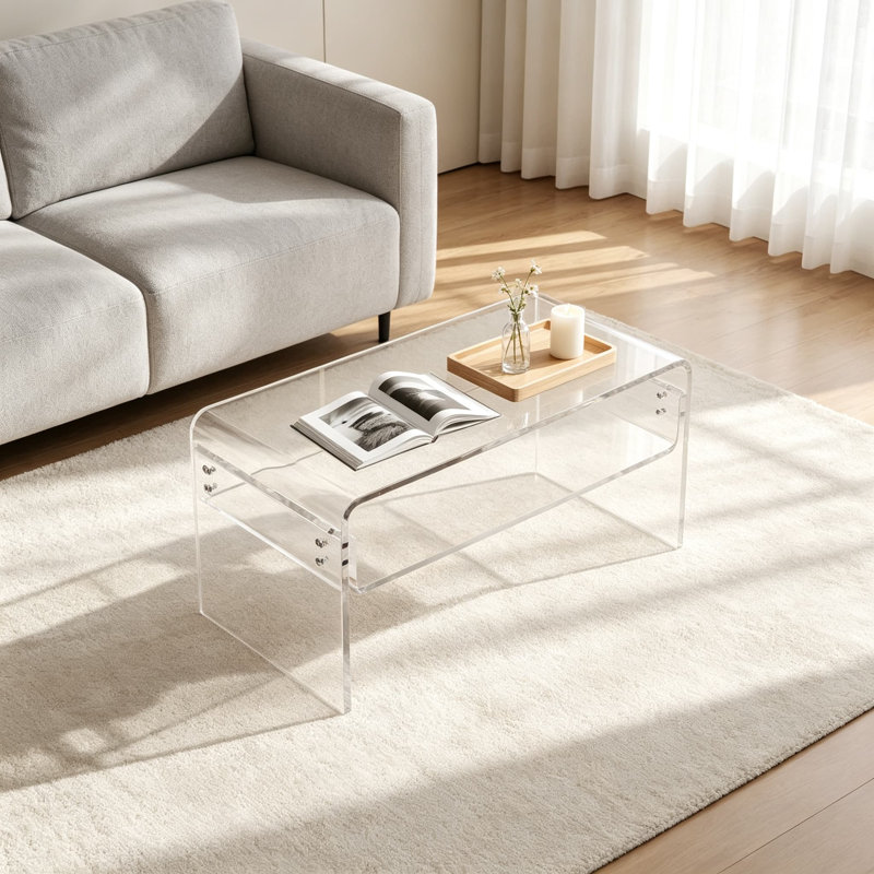 Table basse rectangulaire transparente en acrylique avec rangement ouvert, table d'appoint moderne pour salon, chambre, bureau ou réception