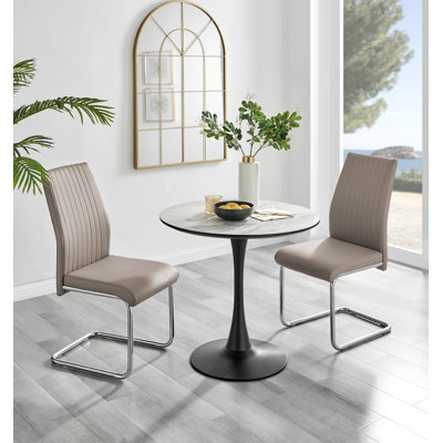 Ellis White Marble Effect Melamine Round Dining Table Set with 2 Upholstered Faux Leather Chairs