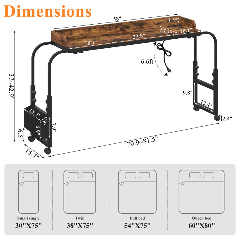 70.8"-81.5" W Height Adjustable Overbed Table With Power Outlet & LED Light, Rolling Bed Desk, Writer Desk, Brown/Black