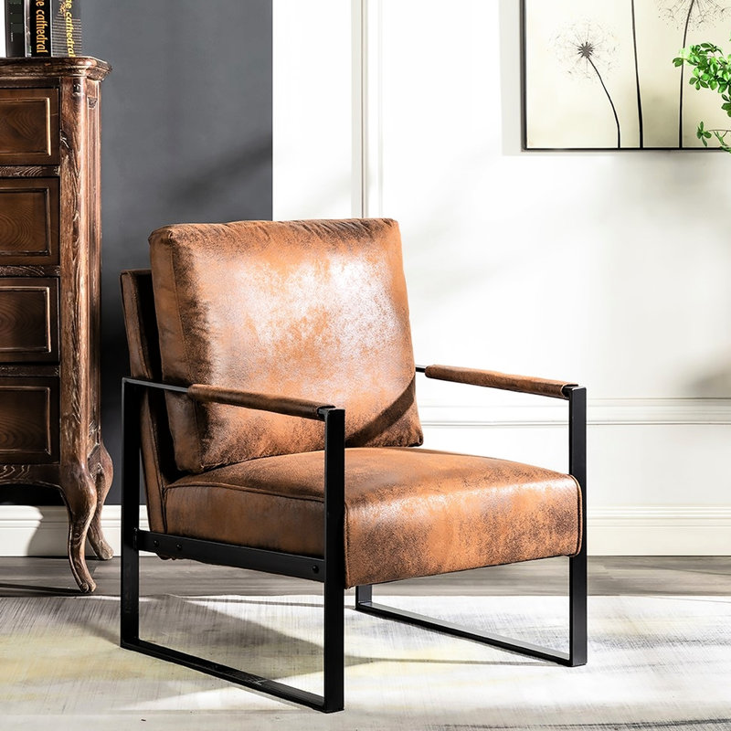 Fauteuil brun pour chambre à coucher, cadre Mid-Century moderne, structure en métal avec salon de bureau en microfibre tacheté, style moderne, chambre à coucher