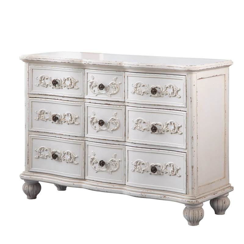 Rustic 47.2'' Distressed Wood Console Table With Floral Carved Drawers, Ivory White