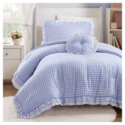 Ensemble d'édredon 3 pièces pour lit simple en vichy bleu avec coussin rond et taie décorative - literie en microfibre douce à bord volant