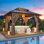 12 pi. L 10 pi. D Pavillon de jardin extérieur avec cadre en aluminium et double toit en acier galvanisé, pavillon permanent robuste avec filet et rideaux pour patio, pelouse, terrasse