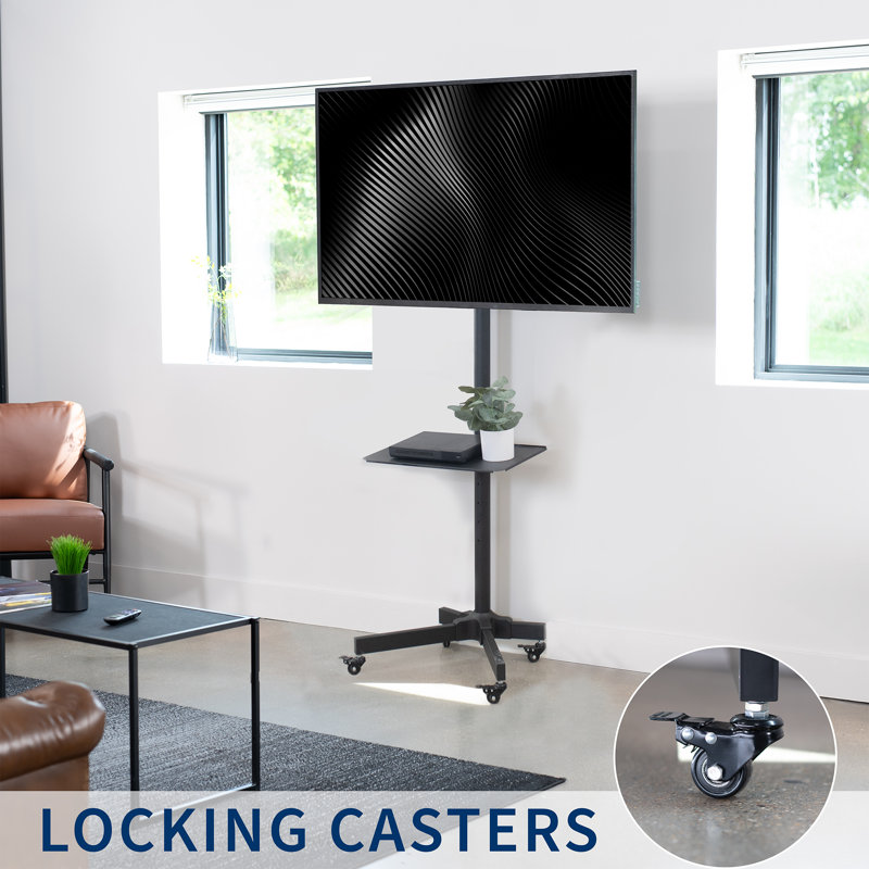 Black Adjustable Mobile TV Cart with Shelf and Wheels