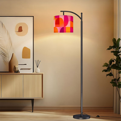 Arc Floor Lamp with Adjustable Lampshade Abstract Geometric Circles Pink Orange Gradient Blocks Standing Lamp 3 Color Temperatures Dimmable Tall Pole Lamp with Foot Switch for Bedroom
