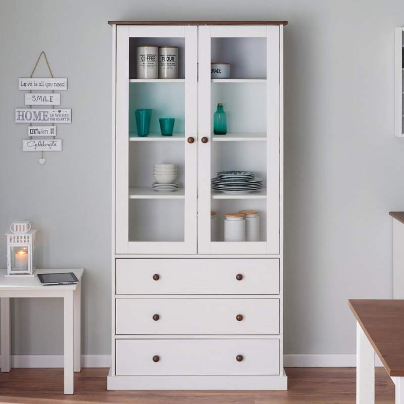 Pierro 90 cm Display Cabinet FSC - Pine Solid Wood, White/Sepia