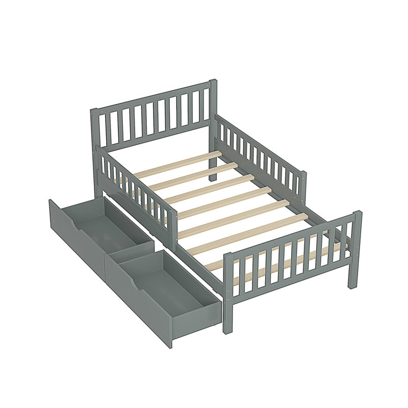 Lit plateforme simple en bois avec garde-corps des deux côtés et deux tiroirs de rangement, Lit simple, Gris