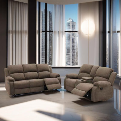 Comfy Manual Brown Corduroy Stripe Fabric Living Room Recliner Functional 2-Piece Sofa Set