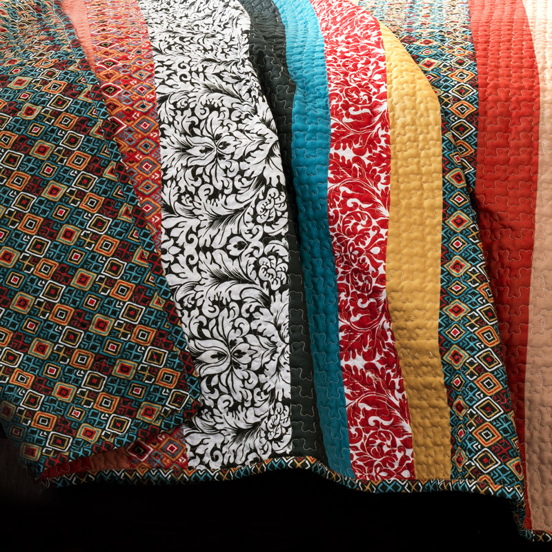 Boho Stripe Reversible Coverlet Set, King Quilt + 2 King Shams, Turquoise/Tangerine