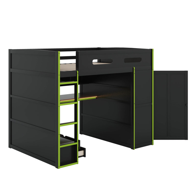 Lit mezzanine double en bois avec bureau, garde-robe et lumière DEL RVB, Vert