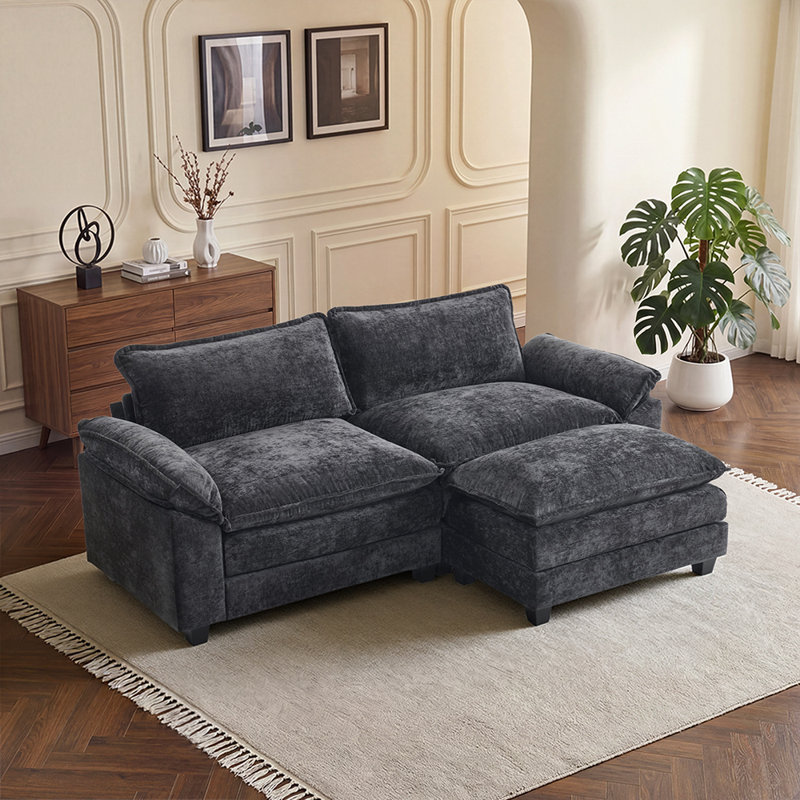 85.4 In'' Multi-Layer Cushion Loveseats With Ottoman, Black Chenille
