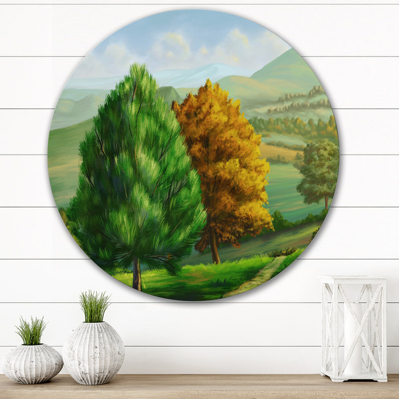 Arbre vert et orange dans les champs, H 23 po x l 23 po