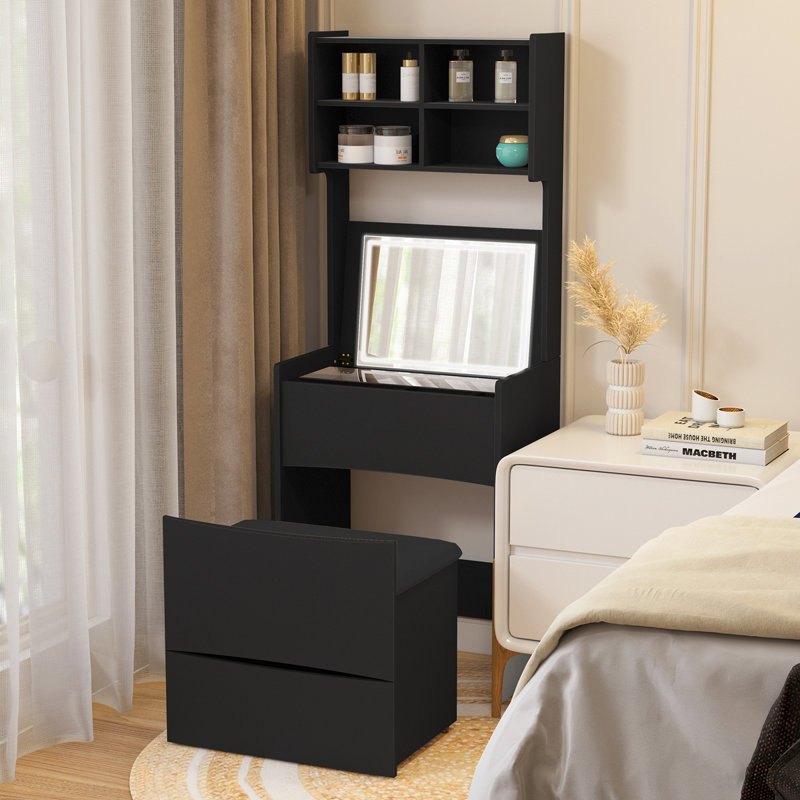 Coiffeuse avec miroir lumineux à DEL rabattable, coiffeuse avec espace de rangement interne, coiffeuse de maquillage avec tabouret rembourré amovible, pratique et peu encombrante, chambre à coucher