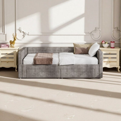 Twin to King Extendable Daybed with Trundle, Chenille Upholstered Sofa Bed with Storage Drawers