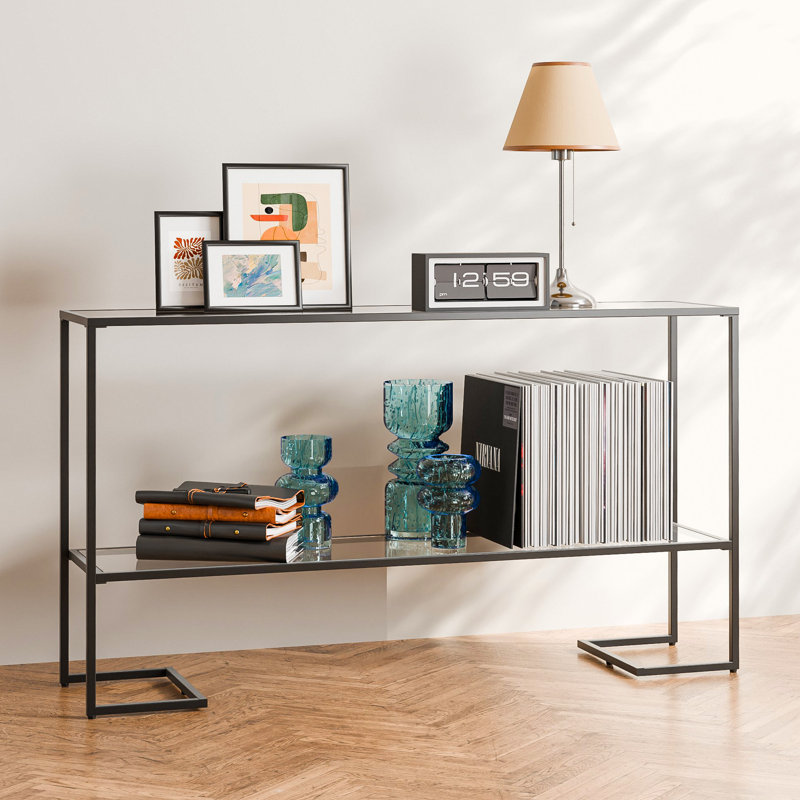 52" Modern C-Shaped Glass Console Table - Double Layer Tempered Glass Sofa Table for Living Room, Entryway - Sturdy Metal Frame, Slim Design, Contemporary Hallway Table
