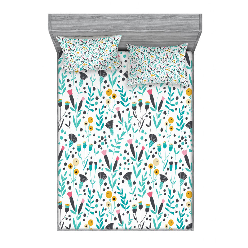 Microfiber Floral Fitted Sheet, Queen Fitted Sheet with 2 Pillowcases