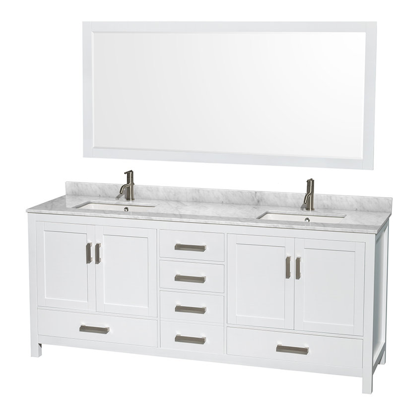 Meuble-lavabo double autoportant 80 po avec plateau en marbre Sheffield, Chrome brossé, Blanc