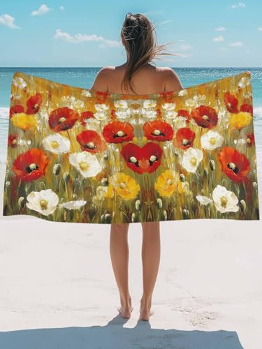 Serviette de plage extra-large à motif aquarelle champêtre et coquelicots, séchage rapide, absorbante et douce, idéale pour la piscine et le bain (127 x 152 cm). Un sac en toile assorti vous sera offert.