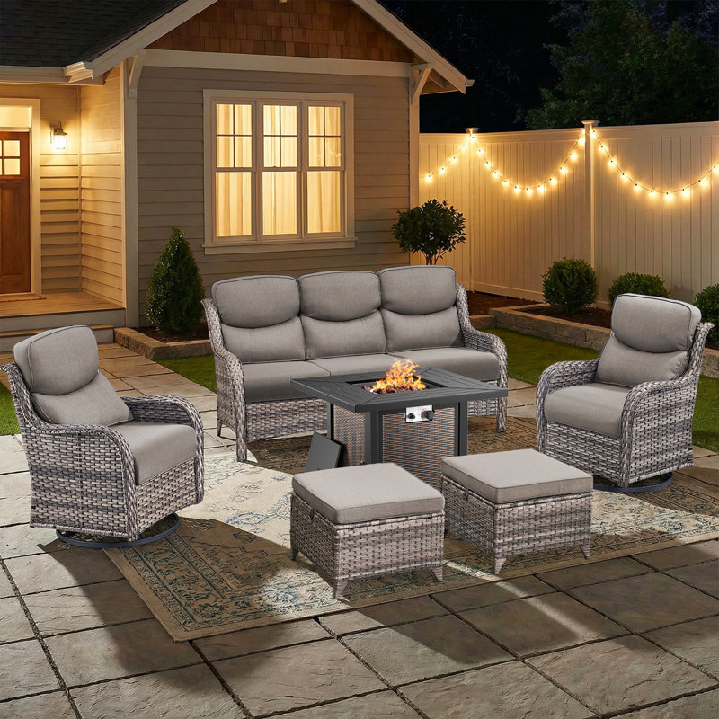 Anner 6-Piece Outdoor Wicker Patio Square Metal Fire Pit Table Conversation Set With Swivel Gliders And Ottomans, Gray, Gray