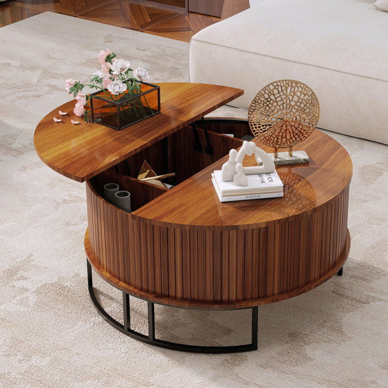 Table basse ronde de 31,5 po avec rangement, table centrale à plateau relevable cannelé, table courbée moderne à bascule pour salon Mid-Century, noyer