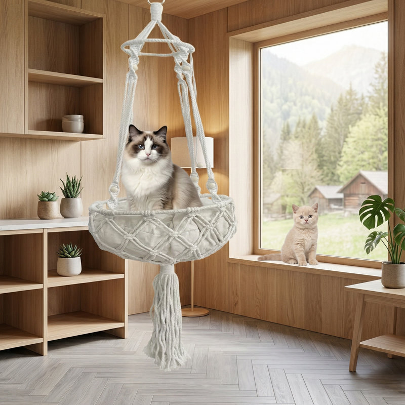 Hamac pour chat en macramé tissé à la main avec coussin, lit suspendu suspendu pour jouer, dormir, grimper et se prélasser, très grand