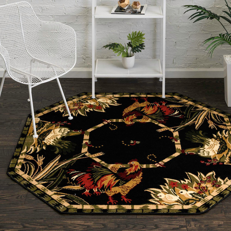 Andersonville Floral Indoor Rug, Octagon 5'3" x 5'3", Black/Green
