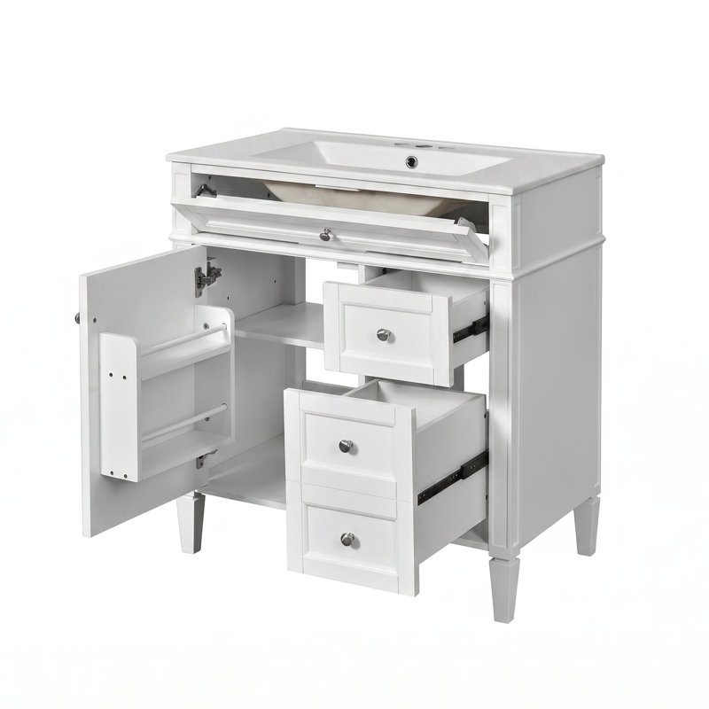 Meuble-lavabo autoportant en bois aggloméré de 30 po avec lavabo en céramique blanc, 2 tiroirs, tablettes de porte réglables et tiroir coulissant