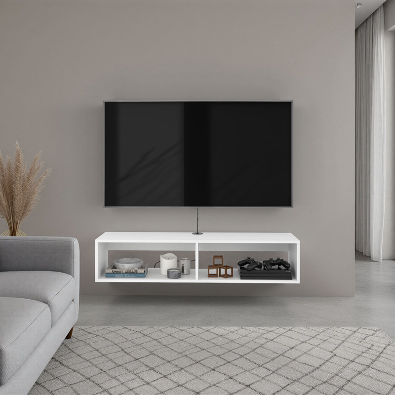 Meuble télé arctique blanc avec tablettes ouvertes pour rangement, design moderne